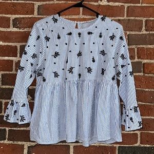 Mango Blue & White Pinstripe Blouse with Black Embroidery, size 6